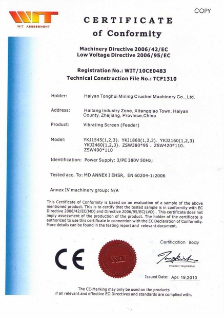 China ZheJiang Tonghui Mining Crusher Machinery Co., Ltd. Certificaciones