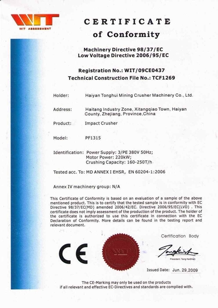 China ZheJiang Tonghui Mining Crusher Machinery Co., Ltd. Certificaciones